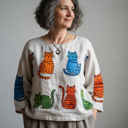 Cat Art Printed Linen Comfort Top