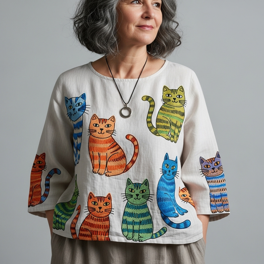 Cat Art Printed Linen Comfort Top