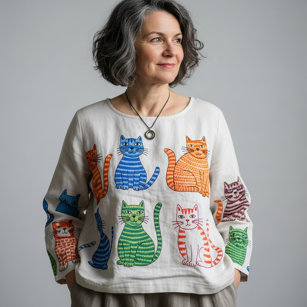 Cat Art Printed Linen Comfort Top